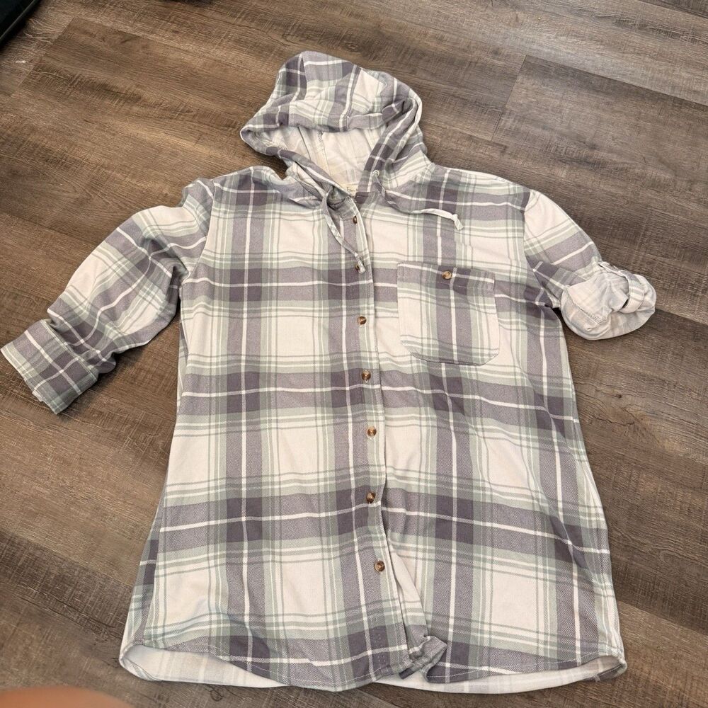 Eden & Olivia Womens Plaid Hooded Flannel Button-Down Shirt M Pockets